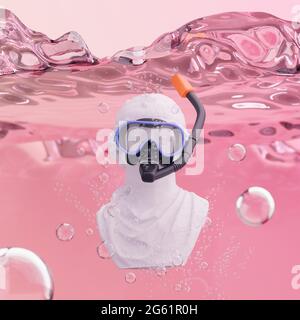 Statua del busto sott'acqua. Oceano al neon con bolle su sfondo rosa del tramonto elettrico. Concetto Vaporwave. Estate in piscina. Maschera a scorrimento per nuoto e. Foto Stock