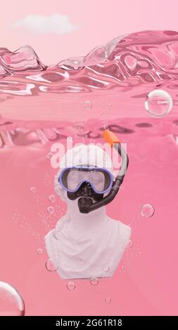 Statua del busto sott'acqua. Oceano al neon con bolle su sfondo rosa del tramonto elettrico. Concetto Vaporwave. Estate in piscina. Maschera a scorrimento per nuoto e. Foto Stock