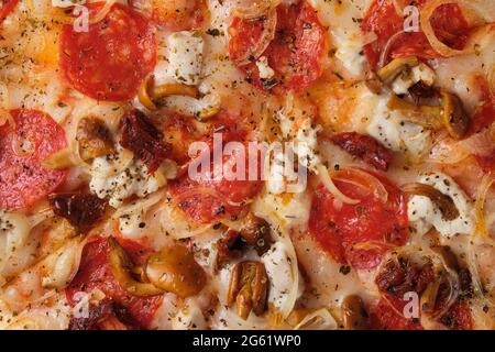 Pizza con pomodori secchi, salsiccia piccante, pollo, cipolle, funghi al miele, mozzarella, spezie e salsa di pomodoro. Un primo piano di una pizza. Foto Stock