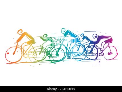 Corsa ciclistica, cartoni animati stilizzati linea d'arte. Illustrazione semplice ed espressiva dei ciclisti di gruppo. Arcobaleno colorato. Vettore disponibile Illustrazione Vettoriale