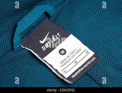 Etichetta Made in China sugli indumenti sportivi Nike Dry Fit Foto Stock