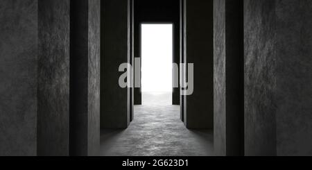 corridoio vuoto scuro in cemento con colonne grandi sala astratta rappresentazione 3d Foto Stock