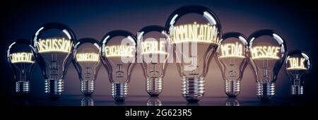 Comunicazione, discussione, concetto di messaggio - lampadine luminose - illustrazione 3D Foto Stock