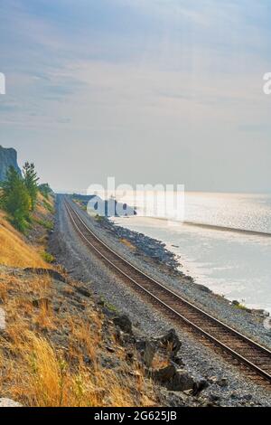 La ferrovia dell'Alaska sull'autostrada Seward nel parco statale di Chugach. Foto Stock