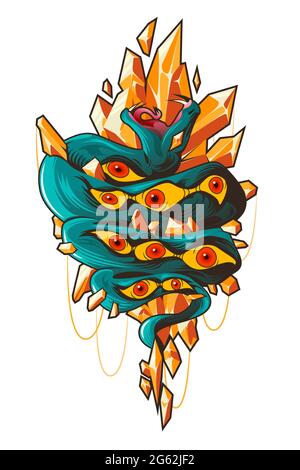 Tatuaggio con serpente con motivo di occhi sulla pelle e cristalli di arancio. Vettore astratto illustrazione piatta con serpente verde, ornamento occulto e gemme isolate su sfondo bianco Illustrazione Vettoriale