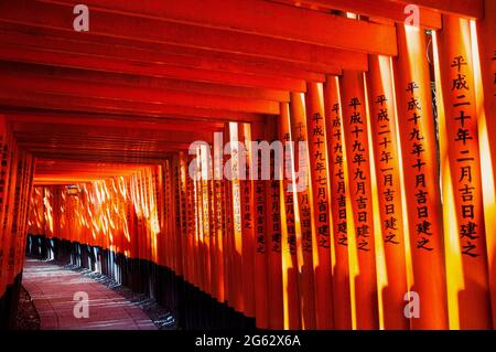 Porte torii giapponesi al Santuario Fushimi Inari di Kyoto conosciuto come Senbon Trail. Foto Stock