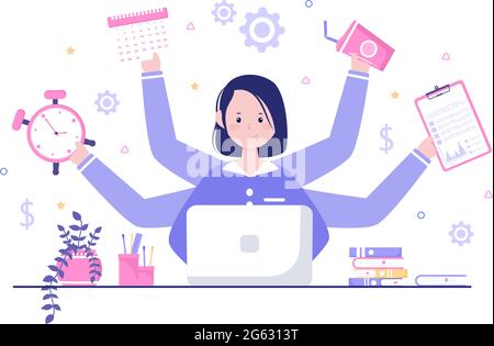 Multitasking Business Woman o Office Worker come Segretario circondato da mani con tenere ogni lavoro sul posto di lavoro. Illustrazione vettoriale Illustrazione Vettoriale