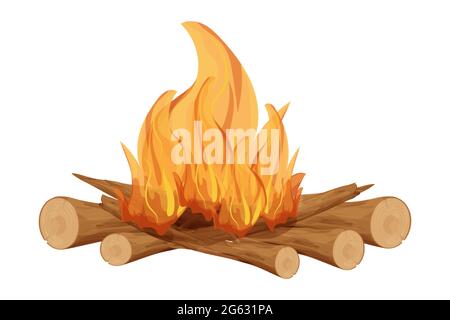 Camino, fuoco con bastoni di legno, ramoscelli in stile cartone animato isolato su sfondo bianco. Attività all'aperto, falò. . Illustrazione vettoriale Illustrazione Vettoriale