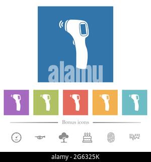 Termometro senza contatto icone bianche piatte su sfondo quadrato. 6 icone bonus incluse. Illustrazione Vettoriale