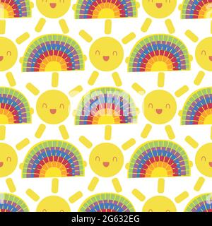 Carino vettore sorridente ridendo sole kawaii e mosaico arcobaleno senza cuciture motivo sfondo. Sfondo con cartoni animati giallo icone meteo e arcobaleni Illustrazione Vettoriale