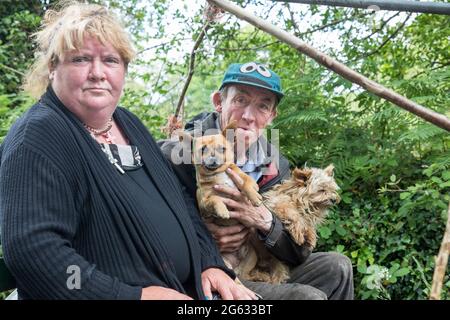 Dunmanyway, Cork, Irlanda. 01 luglio 2021. Kathleen e James o' Driscoll vanno ad un negozio locale per i messaggi sul loro pony e trappola con i loro cani Bruna, e Terry a Dunmanyway, Co. Cork, Irlanda. - immagine; David Creedon / Alamy Live News Foto Stock