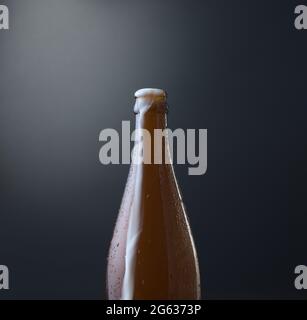 Vista frontale di una bottiglia di birra fredda con schiuma traboccante su sfondo blu scuro grunge. Bevanda alcolica fredda, concetto di giornata internazionale della birra. Foto Stock