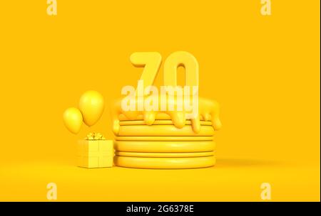 Torta festiva felice del 70° compleanno con regalo e palloncini. Rendering 3D Foto Stock