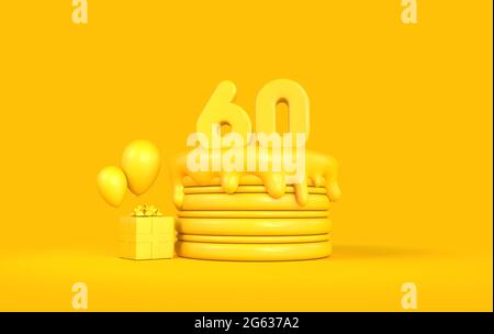 Buon 60 ° compleanno torta celebrazione con presente e palloncini. Rendering 3D Foto Stock