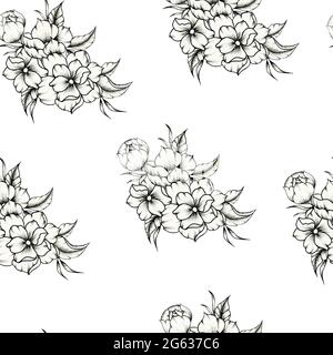 Sfondo floreale senza cuciture con bouquet fantasia disegnato a mano con fiori e foglie, illustrazione botanica per stazionaria matrimonio, saluti, sfondi Foto Stock