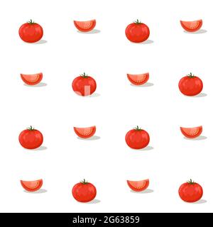 Pomodori e pezzetti a fette su sfondo bianco. Ripetizione senza giunture. Illustrazione vettoriale. Illustrazione Vettoriale