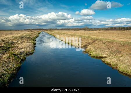 Il tranquillo fiume Uherka scorre attraverso il villaggio di Czulczyce nella Polonia orientale, vista di primavera Foto Stock