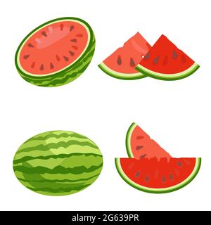 Impostare il cocomero. Bacche intere, a metà e tagliate a spicchi. Illustrazione vettoriale Illustrazione Vettoriale