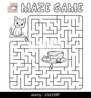 Gioco di puzzle labirinto per bambini. Labirinto di contorni o gioco labirinto con illustrazioni di gatto Foto Stock