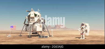 Modulo lunare e astronauta in un paesaggio desertico Foto Stock