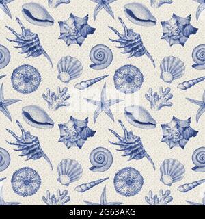 Motivo senza cuciture con conchiglie acquerello. Fondale disegnato a mano texture vintage oceano sfondo. Illustrazione marina acquerello. Stampa per sfondo, fa Foto Stock