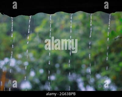 Piove all'esterno con sfondo verde. Piovendo su un tetto della casa di suolo. Gocce di pioggia con splendido sfondo verde. Foto Stock