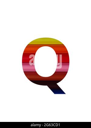 Lettera Q dell'alfabeto a matita colorata, in giallo, arancione, rosso, rosa, marrone Foto Stock