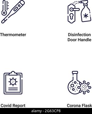 Icone della linea di ictus modificabili dal vettore per suggerimenti pratici sulla prevenzione della contaminazione da coronavirus COVID19. Icone incluse sintomi, trasmissione. Illustrazione Vettoriale