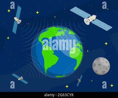 I satelliti volano in orbita attorno al pianeta Terra nello spazio e trasmettono il segnale di comunicazione. Comunicazione satellitare e navigazione GPS. Vettore cartoon Illustrazione Vettoriale
