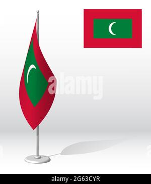 Maldive bandiera sul flagpole per la registrazione di evento solenne, incontro con ospiti stranieri. Giornata nazionale di indipendenza delle Maldive. Vettore 3D realistico su whit Illustrazione Vettoriale