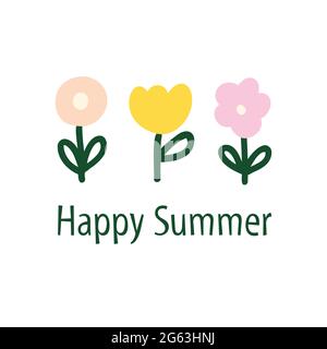 Semplice fiore doodles vettore modello logo. Estate floreale minimalista. Biglietto d'auguri floreale icone felice estate piatto stile scandinavo. Tulipano carino Illustrazione Vettoriale