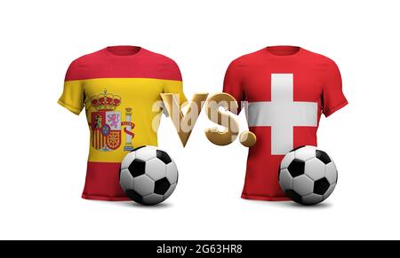 Spagna vs. Partita di calcio in Svizzera. Bandiere con calcio. Rendering 3D Foto Stock