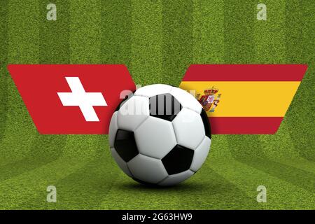 Spagna vs. Partita di calcio in Svizzera. Bandiere con calcio. Rendering 3D Foto Stock