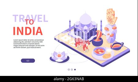 Viaggio in India - banner Web isometrico moderno e colorato con spazio di copia per il testo. Un'illustrazione con simboli indiani e punti di riferimento posizionati sullo smartphon Illustrazione Vettoriale