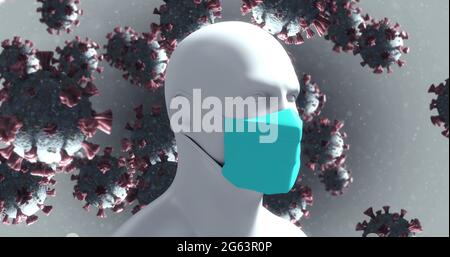 Immagine di macro cellule di Coronavirus che fluttuano su un modello umano 3D sullo sfondo. 4k Foto Stock