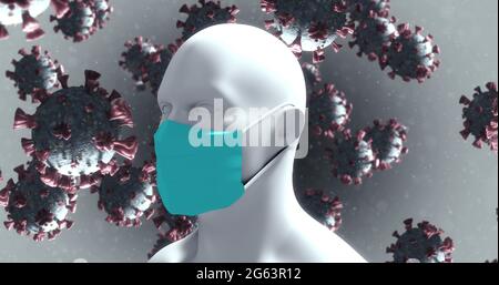 Immagine di macro cellule di Coronavirus che fluttuano su un modello umano 3D sullo sfondo. 4k Foto Stock