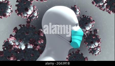 Immagine di macro cellule di Coronavirus che fluttuano su un modello umano 3D sullo sfondo. 4k Foto Stock