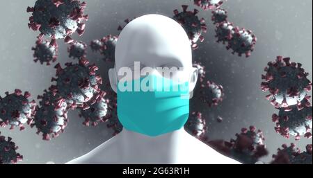 Immagine di macro cellule di Coronavirus che fluttuano su un modello umano 3D sullo sfondo. 4k Foto Stock