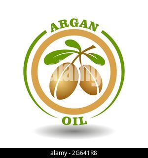 Logo vettoriale circolare olio di Argan con foglie verdi icona e argania noci simbolo in pittogramma rotondo per cosmetici organici e etichetta della confezione di erbe medicinali Illustrazione Vettoriale