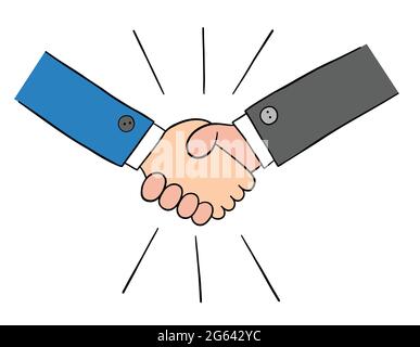 Cartone animato due uomini d'affari che scuotono le mani, illustrazione vettoriale. Contorni colorati e neri. Illustrazione Vettoriale