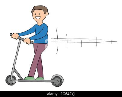 Cartone animato uomo guida scooter elettrico, illustrazione vettoriale. Contorni colorati e neri. Illustrazione Vettoriale
