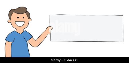 Uomo cartone animato che tiene il segno vuoto lateralmente, illustrazione vettoriale. Contorni colorati e neri. Illustrazione Vettoriale