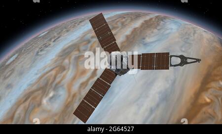 Juno è una sonda spaziale della NASA che orbita nel pianeta Giove. Giove Planet che ruota nello spazio esterno. Viaggiare verso il pianeta Giove nello spazio. Elementi di Foto Stock