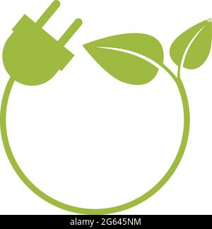 simbolo verde rotondo dell'energia o logo con spina e foglie, illustrazione vettoriale Illustrazione Vettoriale