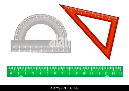 Set di righelli isolati su sfondo bianco. Raccolta di strumenti di misurazione, righello, triangolo, goniometro. Righelli con grado metrico mm. Strumento scolastico Illustrazione Vettoriale