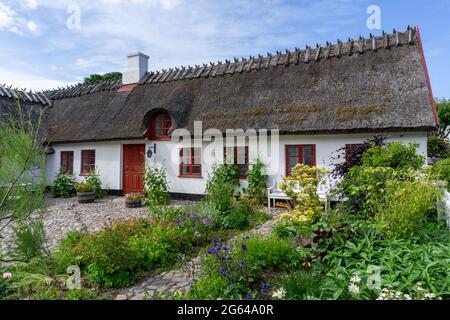 Gilleleje, Danimarca - 15 Giugno 2021: Bella casa sul tetto con tetto di paglia con un orto sotto un cielo blu con bianche nuvole di cumuli Foto Stock
