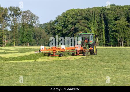 Nascosto da un prato appena falciato nei Paesi Bassi con un trattore verde e una macchina kidder rossa Foto Stock