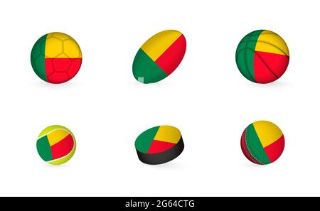 Attrezzature sportive con bandiera di Benin. Sports Icon Set of Football, Rugby, Basketball, Tennis, Hockey, Cricket. Illustrazione Vettoriale