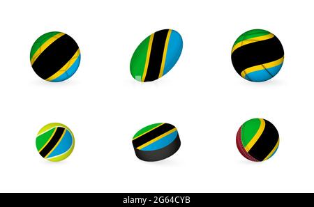 Attrezzature sportive con bandiera della Tanzania. Sports Icon Set of Football, Rugby, Basketball, Tennis, Hockey, Cricket. Illustrazione Vettoriale