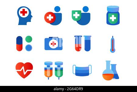 salute insieme di icone di vaccino bottiglia viso maschera medica segno croce termometro farmaco colore blu Illustrazione Vettoriale